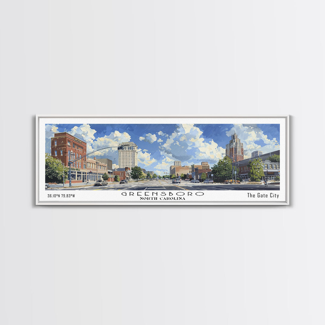 Greensboro North Carolina Panoramic Watercolor Painting, Urban Framed Canvas Print, Cityscape Wall Art for Office, Travel Decor, Home Gift Idea
