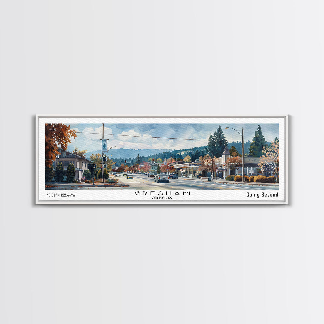 Gresham Oregon Panoramic Watercolor Painting, Urban Framed Canvas Print, Cityscape Wall Art for Living Room, Travel Decor, Home Gift Idea