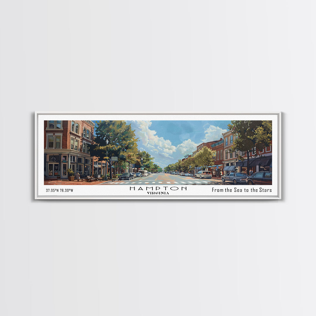 Hampton Virginia Panoramic Watercolor Painting, Urban Framed Canvas Print, Cityscape Wall Art for Living Room, Travel Poster, Home Decor, City Gift Idea