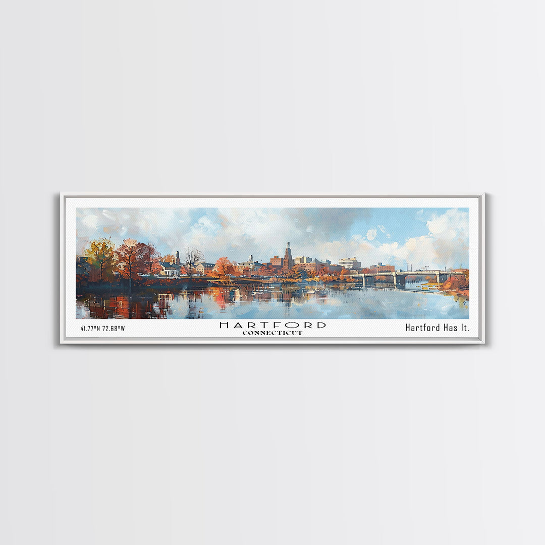 Hartford Connecticut Panoramic Watercolor Painting, Urban Framed Canvas Print, Cityscape Wall Art for Office, Travel Decor, Home Gift Idea