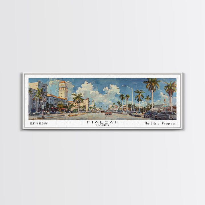 Hialeah Florida Panoramic Watercolor Painting, Urban Framed Canvas Print, Cityscape Wall Art for Office, Travel Decor, Home Gift Idea