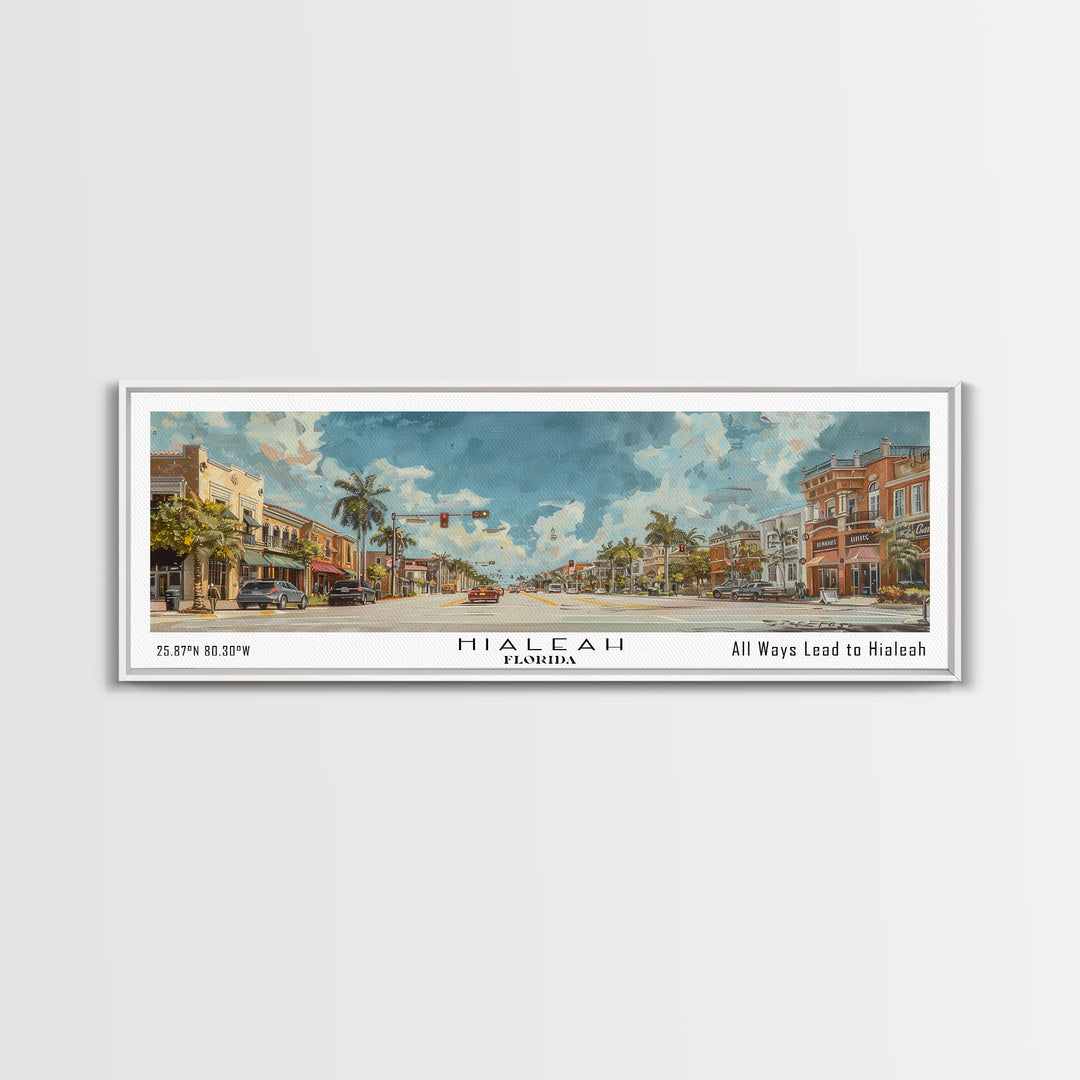 Hialeah Florida Panoramic Watercolor Painting, Urban Framed Canvas Print, Cityscape Wall Art for Living Room, Travel Decor, Home Gift Idea