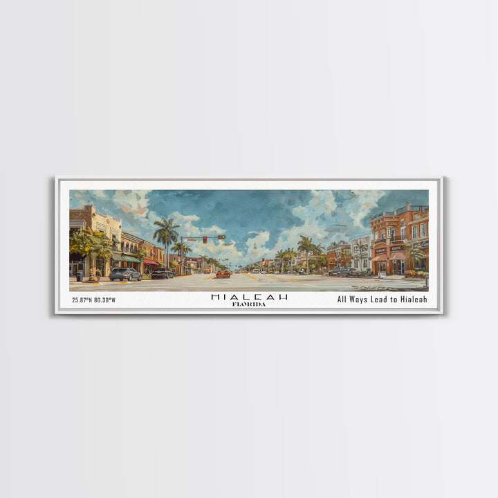 Hialeah Florida Panoramic Watercolor Painting, Urban Framed Canvas Print, Cityscape Wall Art for Living Room, Travel Decor, Home Gift Idea