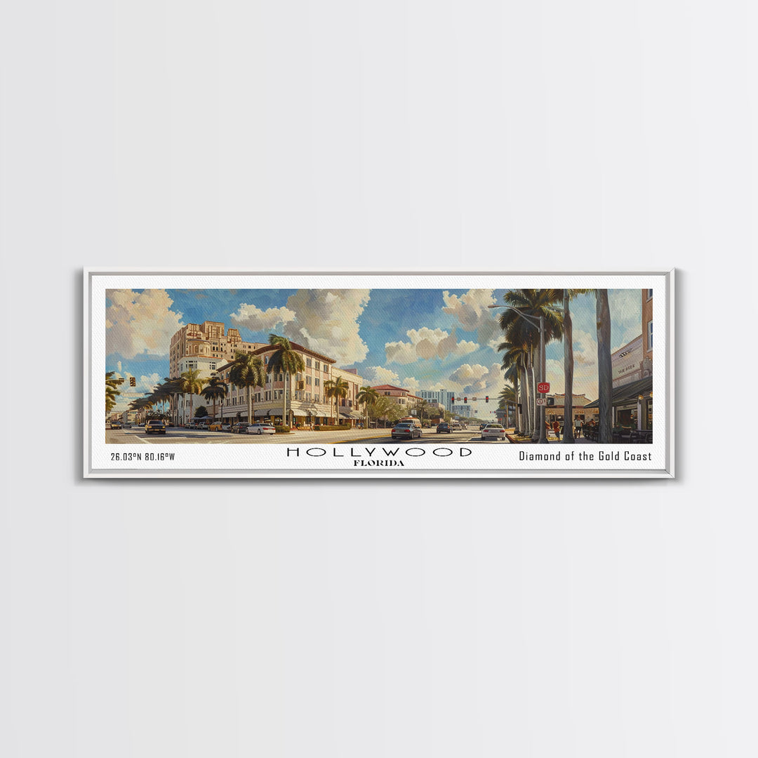 Hollywood Florida Panoramic Watercolor Painting, Urban Framed Canvas Print, Cityscape Wall Art for Living Room, Travel Poster, Home Decor, City Gift Idea