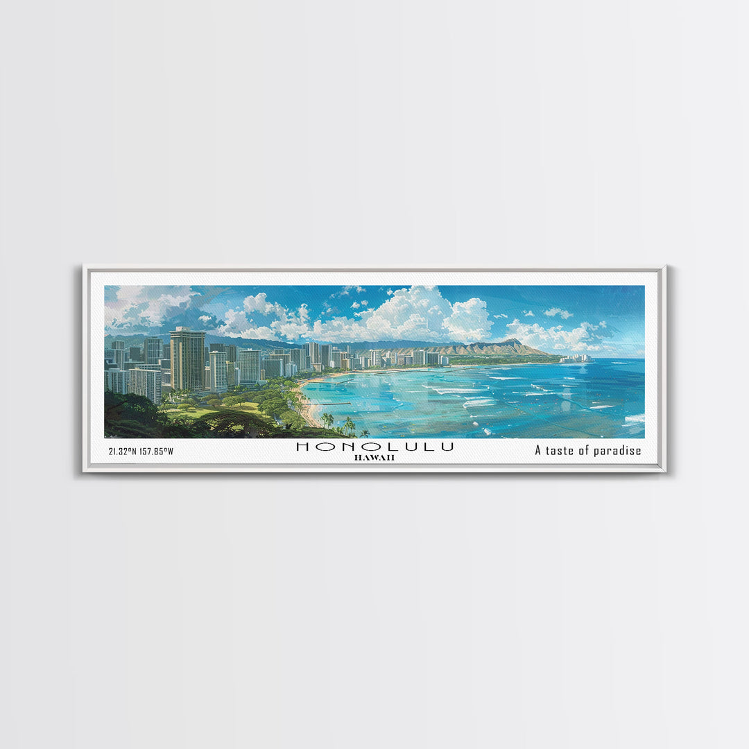 Honolulu Hawaii Panoramic Watercolor Painting, Urban Framed Canvas Print, Cityscape Wall Art for Office, Travel Decor, Home Gift Idea