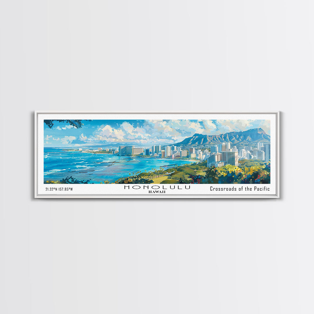 Honolulu Hawaii Panoramic Watercolor Painting, Urban Framed Canvas Print, Cityscape Wall Art for Living Room, Travel Poster, Home Decor, City Gift Idea