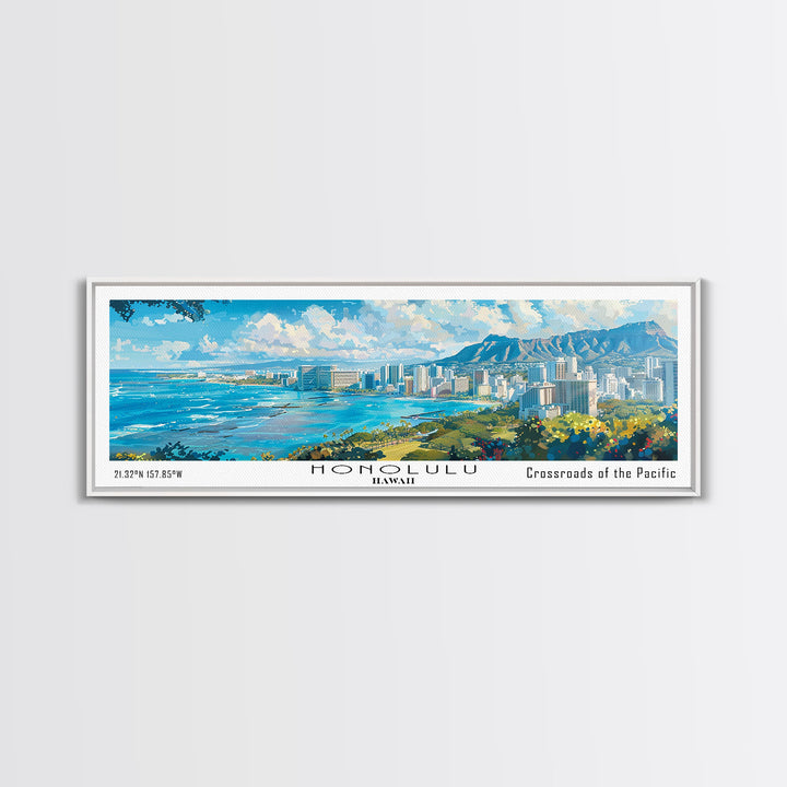 Honolulu Hawaii Panoramic Watercolor Painting, Urban Framed Canvas Print, Cityscape Wall Art for Living Room, Travel Poster, Home Decor, City Gift Idea