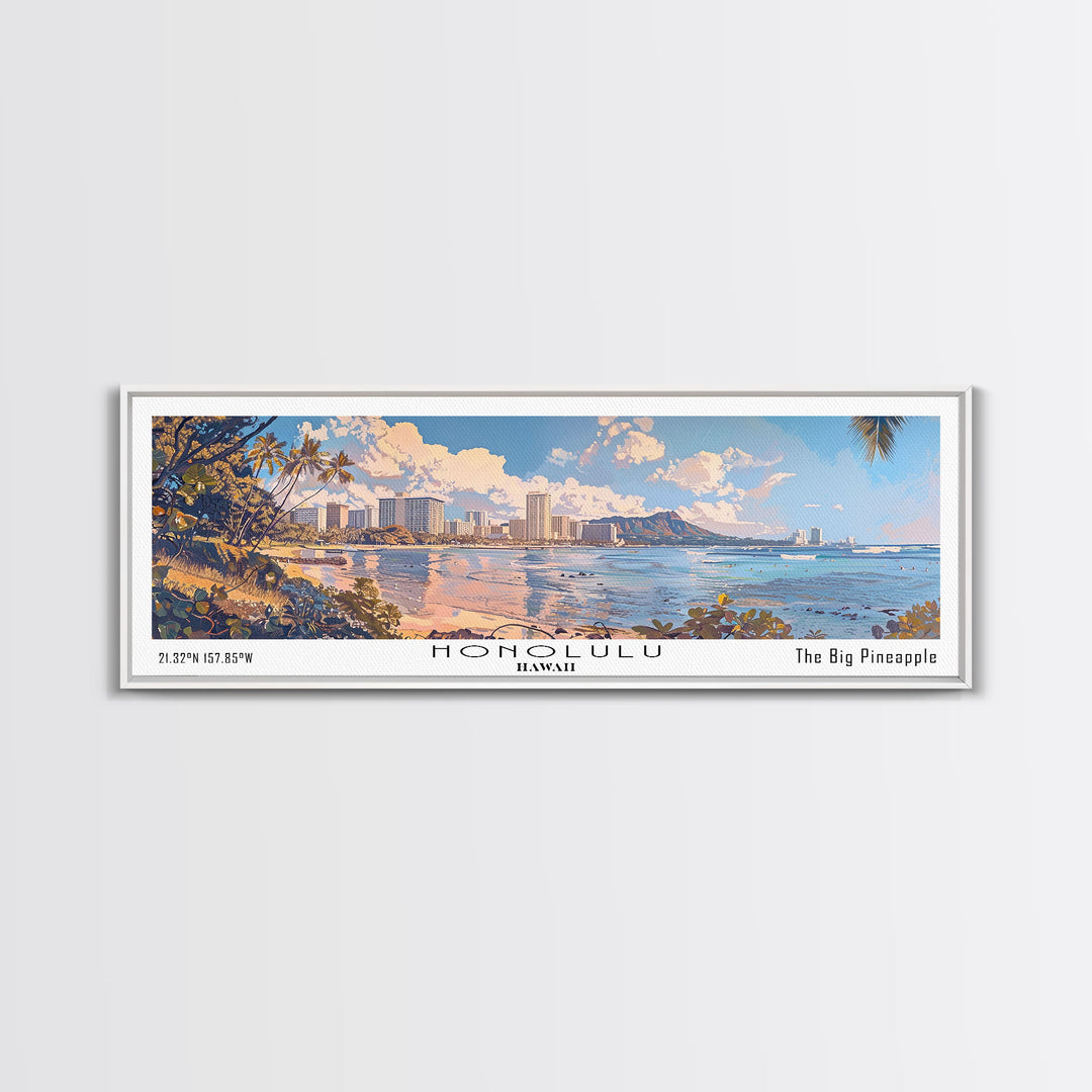 Honolulu Hawaii Panoramic Watercolor Painting, Urban Framed Canvas Print, Cityscape Wall Art for Office, Travel Decor, Home Gift Idea
