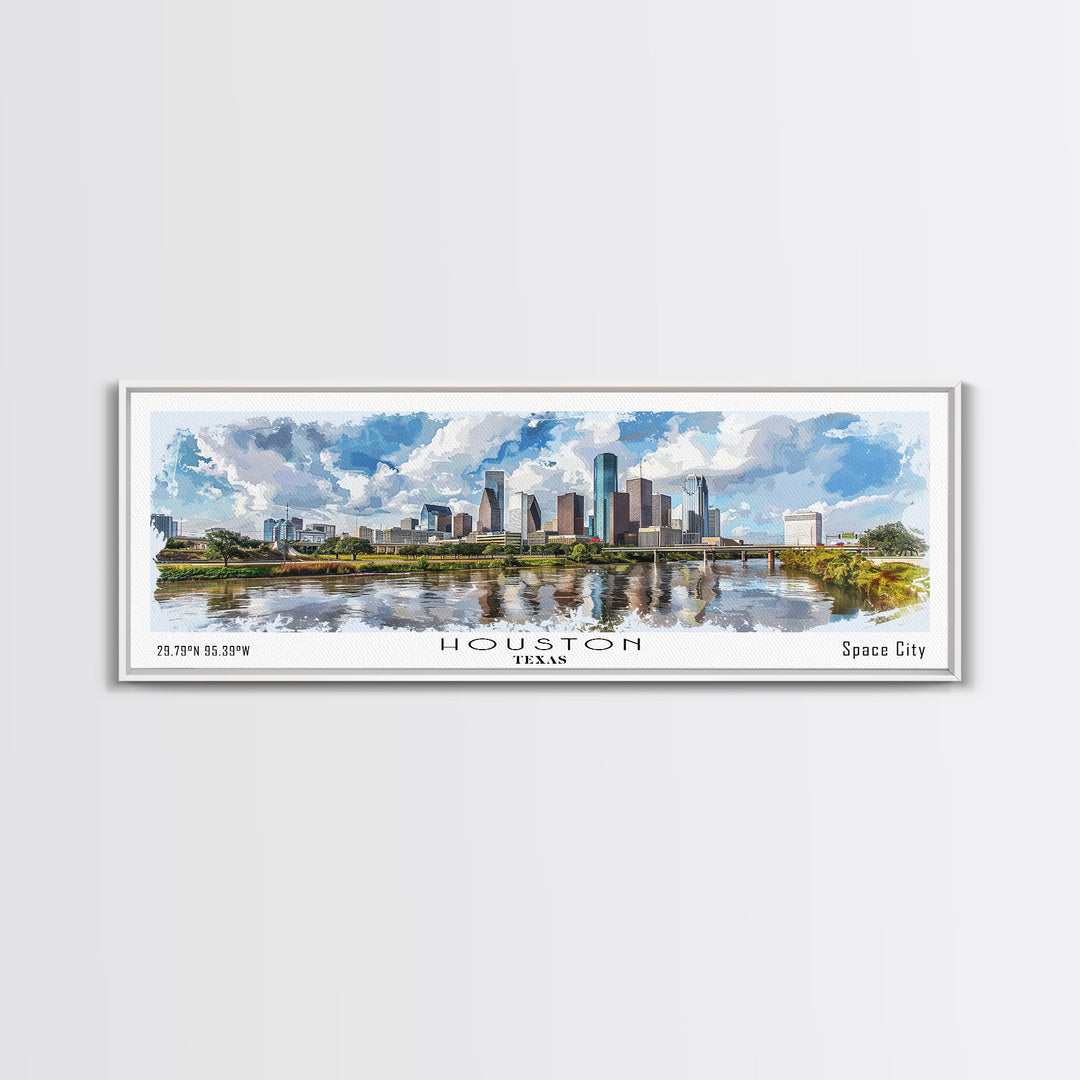 Houston Texas Panoramic Watercolor Painting, Urban Framed Canvas Print, Cityscape Wall Art for Living Room, Travel Poster, Home Decor, City Gift Idea