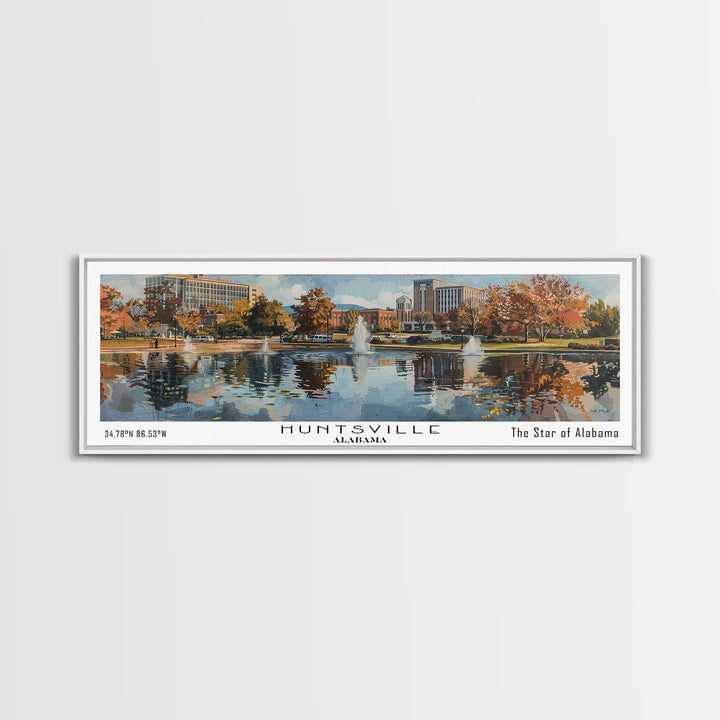Huntsville Alabama Panoramic Watercolor Painting, Urban Framed Canvas Print, Cityscape Wall Art for Living Room, Travel Poster, Home Decor, City Gift Idea