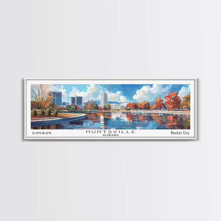 Huntsville Alabama Panoramic Watercolor Painting, Urban Framed Canvas Print, Cityscape Wall Art for Office, Travel Decor, Home Gift Idea