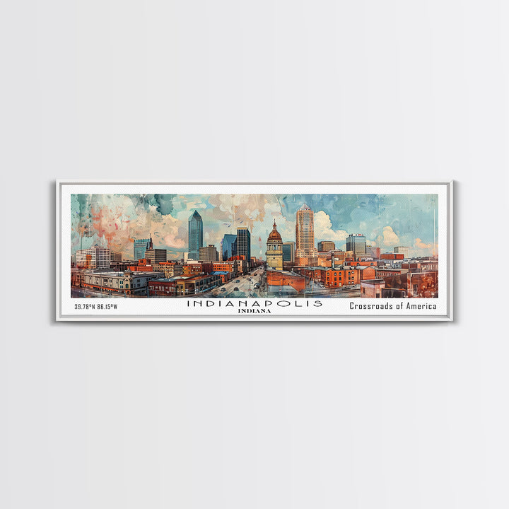 Indianapolis Indiana Panoramic Watercolor Painting, Urban Framed Canvas Print, Cityscape Wall Art for Office, Travel Decor, Home Gift Idea
