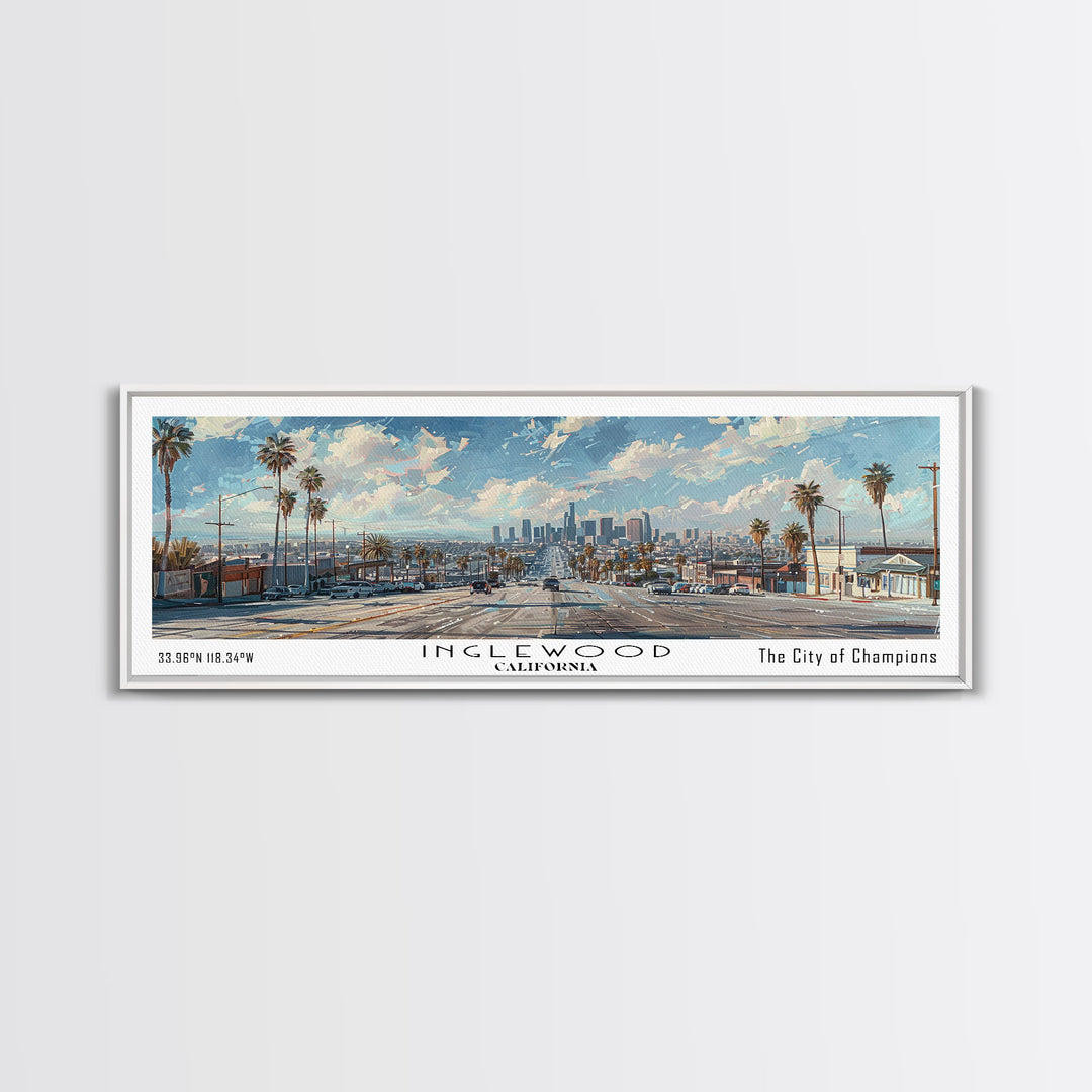 Inglewood California Panoramic Watercolor Painting, Urban Framed Canvas Print, Cityscape Wall Art for Living Room, Travel Poster, Home Decor, City Gift Idea