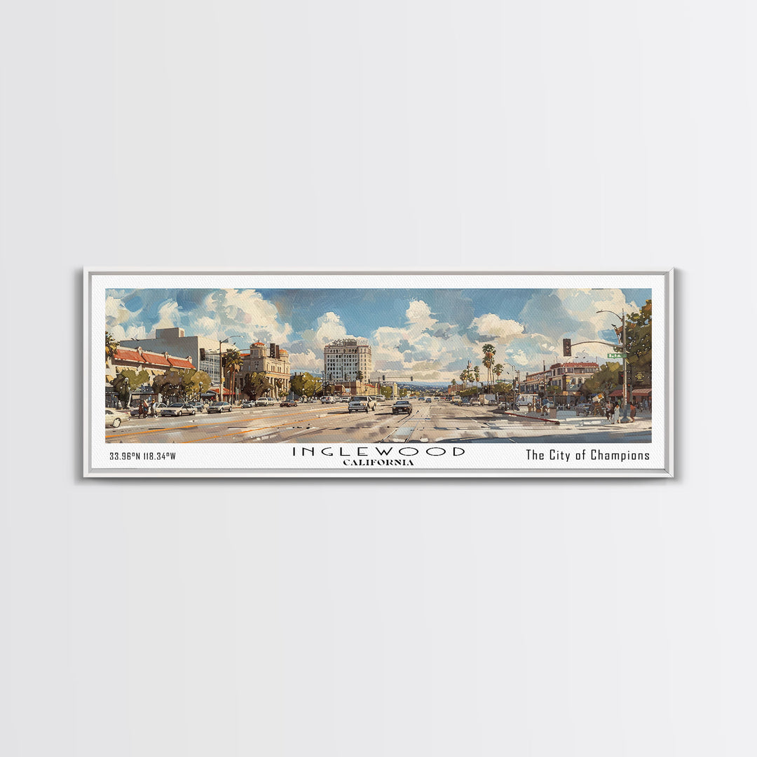 Inglewood California Panoramic Watercolor Painting, Urban Framed Canvas Print, Cityscape Wall Art for Office, Travel Decor, Home Gift Idea