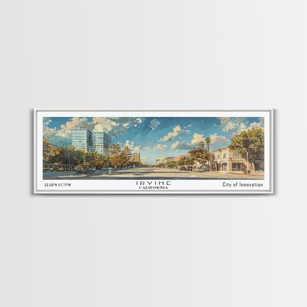 Irvine California Panoramic Cityscape Painting, Framed Canvas Print for Home, Office Wall Art, Urban Decor, Watercolor Travel Poster