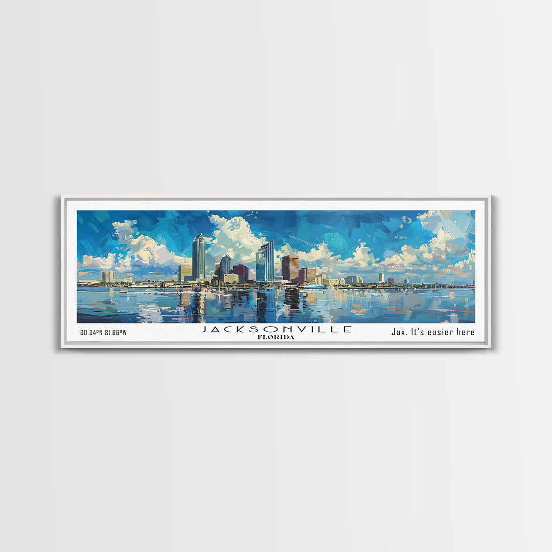 Jacksonville Florida Panoramic Watercolor City Painting, Framed Canvas Print for Home, Urban Decor, Office Art, Travel Poster