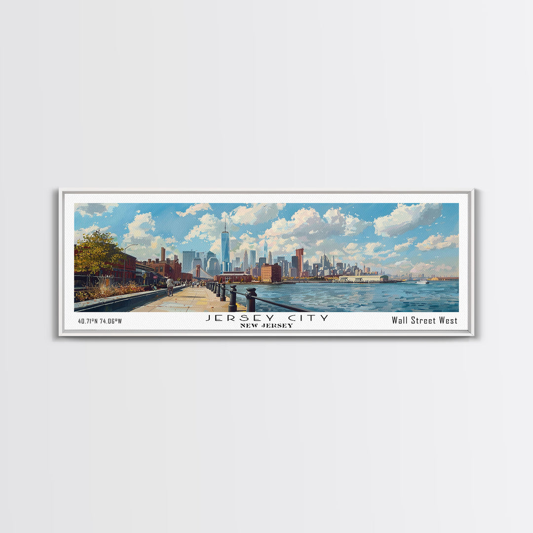 Jersey City New Jersey Panoramic Cityscape Painting, Framed Canvas Print, Urban Decor, Office Wall Art, Travel Poster, Watercolor Home Decoration