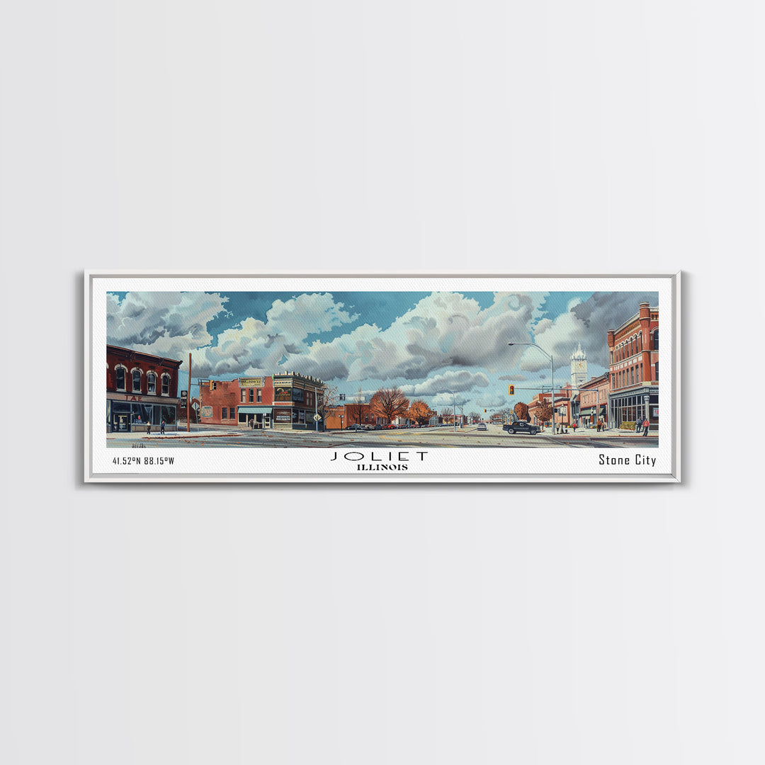 Joliet Illinois Panoramic Watercolor City Painting, Framed Canvas Print for Home, Office Wall Art, Urban Decor, Travel Poster