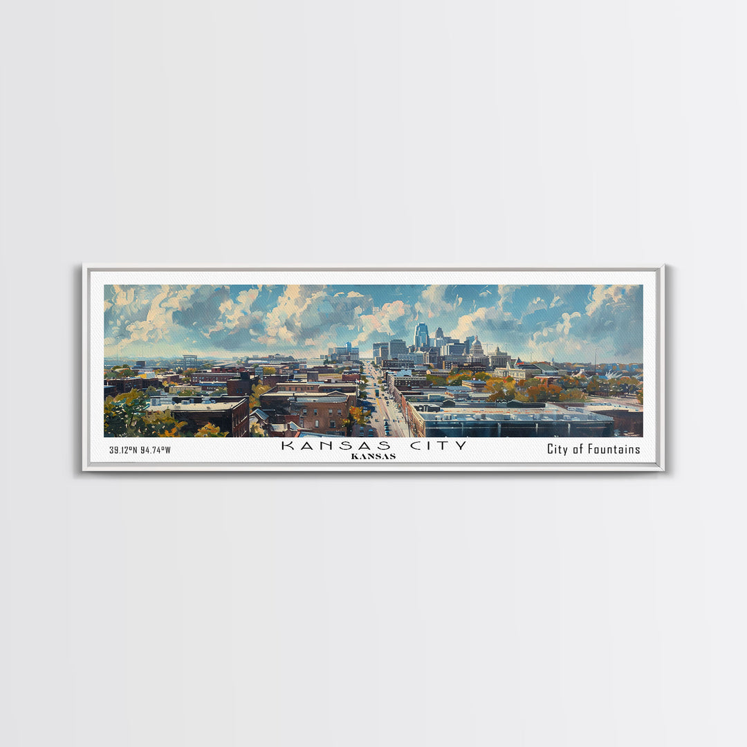 Kansas City Kansas Panoramic Watercolor Cityscape, Framed Canvas Print for Living Room, Office Wall Art, Urban Decor, Travel Poster