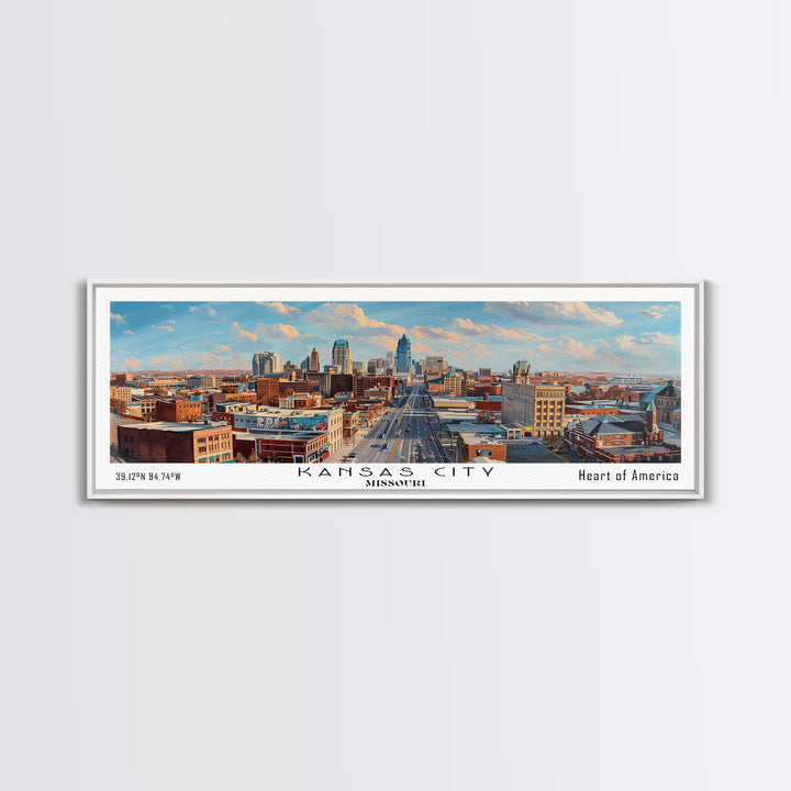 Kansas City Missouri Panoramic Cityscape Painting, Framed Canvas Print, Urban Decor, Office Wall Art, Watercolor Travel Poster, Home Decoration