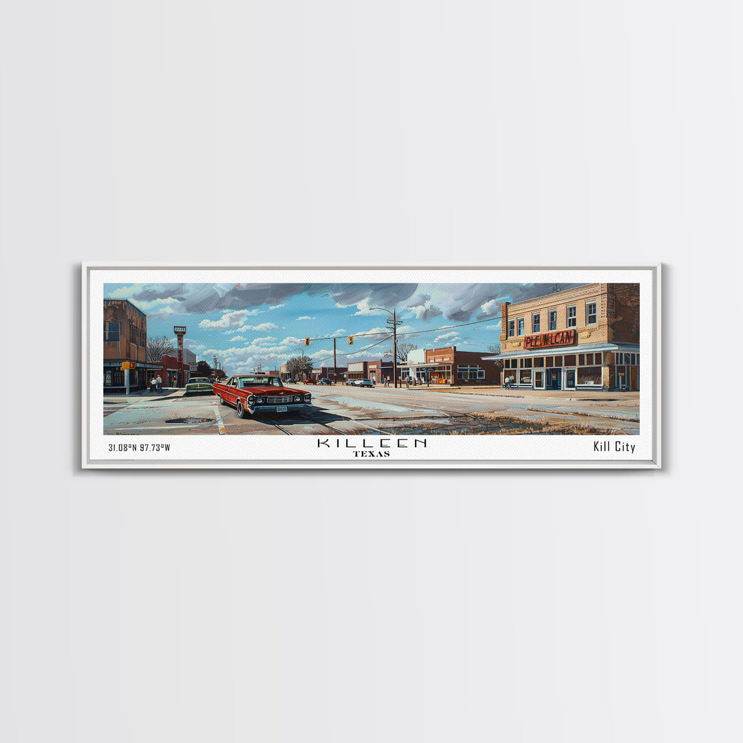 Killen Texas Panoramic Cityscape Wall Art, Watercolor Framed Canvas Print, Urban Painting for Living Room, Office Decor, Travel Poster