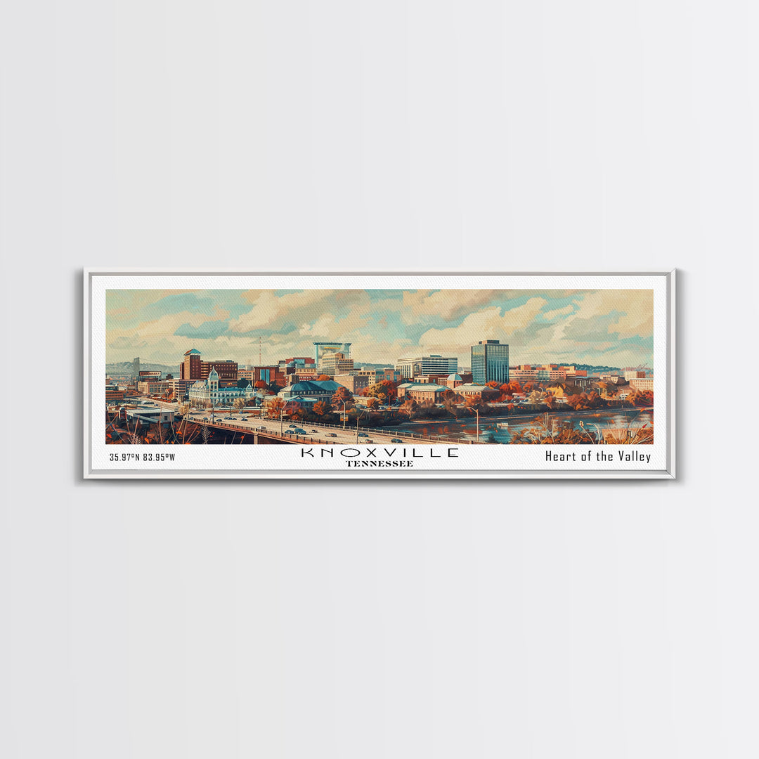Knoxville Tennessee Panoramic Cityscape Wall Art, Watercolor Framed Canvas Print, Urban Painting for Living Room, Office Decor, Travel Poster