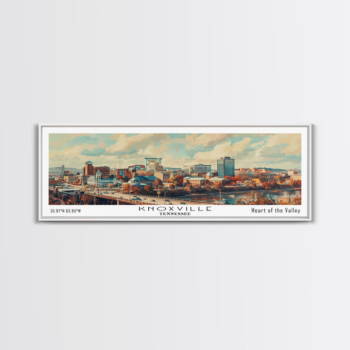 Knoxville Tennessee Panoramic Cityscape Wall Art, Watercolor Framed Canvas Print, Urban Painting for Living Room, Office Decor, Travel Poster