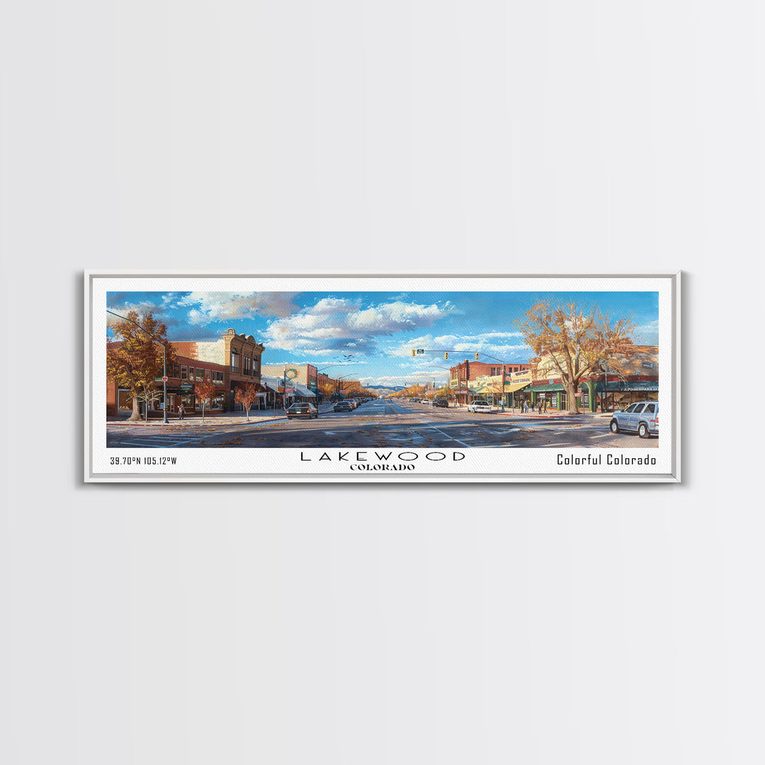 Lakewood Colorado Panoramic Cityscape Wall Art, Watercolor Framed Canvas Print, Urban Painting for Living Room, Office Decor, Travel Poster