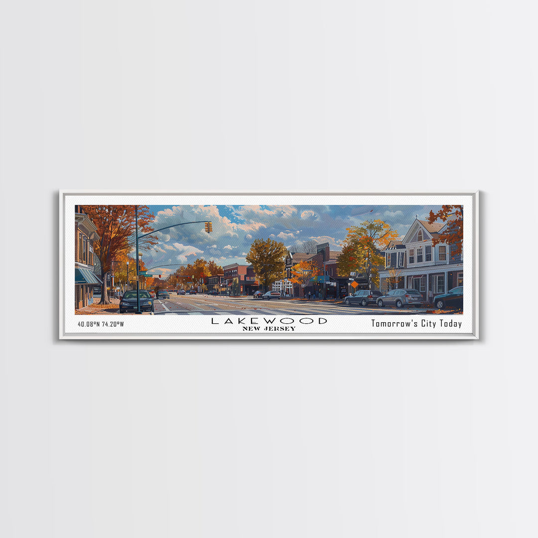 Lakewood New Jersey Panoramic Watercolor Cityscape, Framed Canvas Print for Living Room, Office Wall Art, Urban Decor, Travel Poster