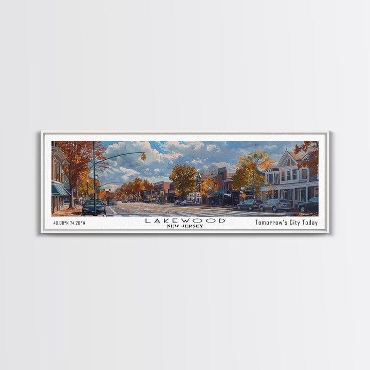Lakewood New Jersey Panoramic Watercolor Cityscape, Framed Canvas Print for Living Room, Office Wall Art, Urban Decor, Travel Poster