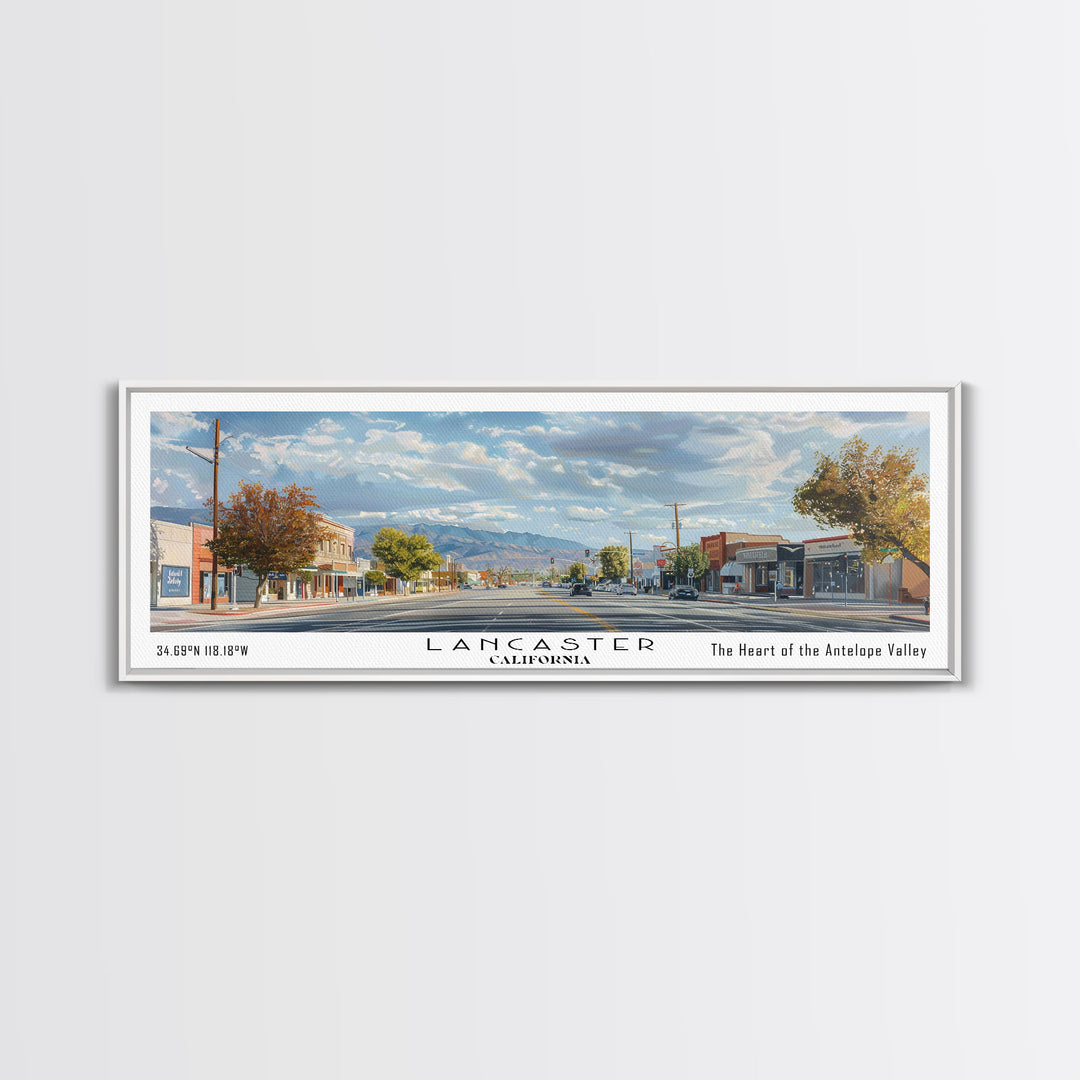 Lancaster California Panoramic Cityscape Painting, Framed Canvas Print, Urban Decor, Office Wall Art, Watercolor Travel Poster, Home Decoration