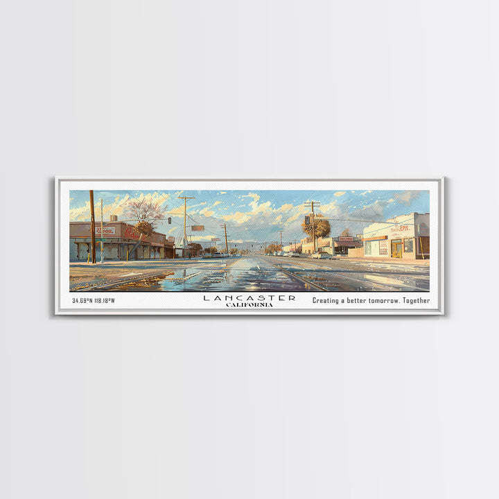 Lancaster California Panoramic Cityscape Wall Art, Watercolor Framed Canvas Print, Urban Painting for Living Room, Office Decor, Travel Poster