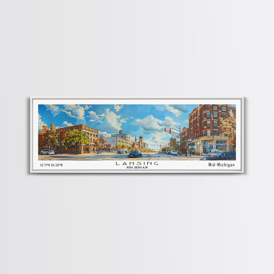 Lansing Michigan Panoramic Cityscape Wall Art, Watercolor Framed Canvas Print, Urban Painting for Living Room, Office Decor, Travel Poster