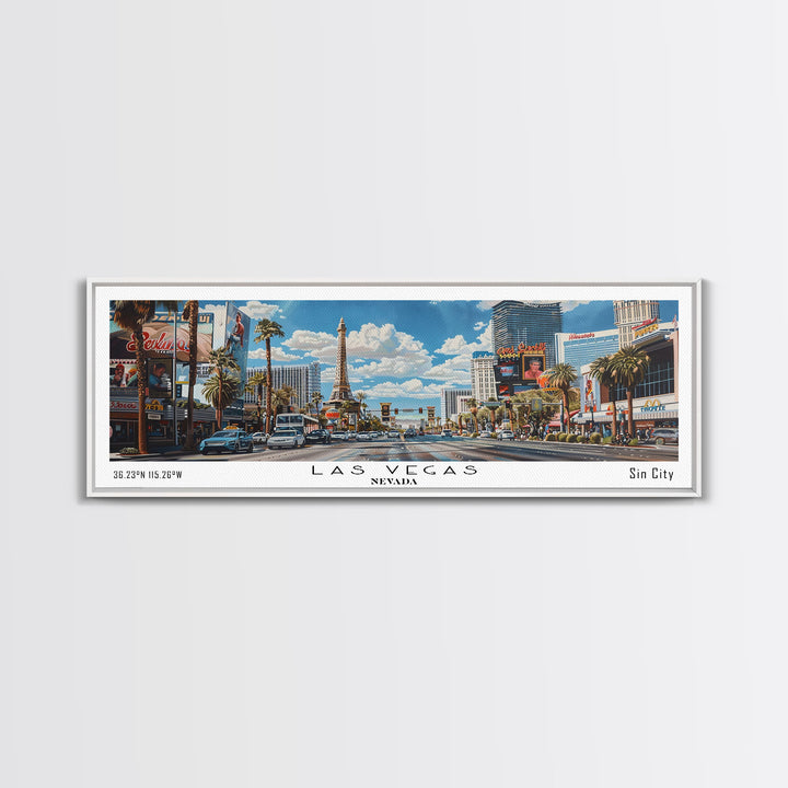 Las Vegas Nevada Panoramic Watercolor Cityscape, Framed Canvas Print for Living Room, Office Wall Art, Urban Decor, Travel Poster