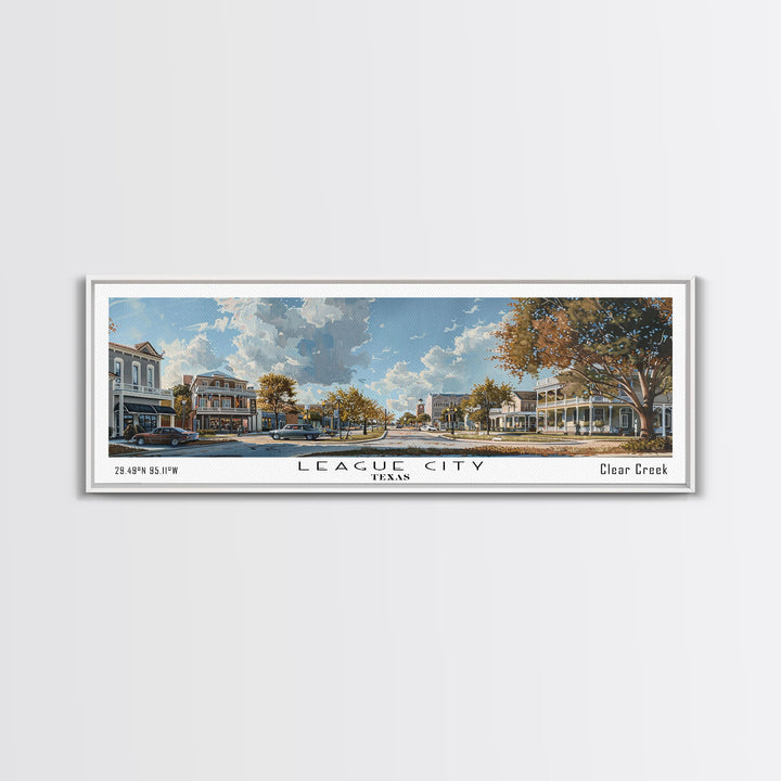 League City Texas Panoramic Cityscape Wall Art, Watercolor Framed Canvas Print, Urban Painting for Living Room, Office Decor, Travel Poster