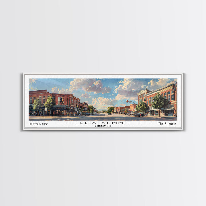 Lees Summit Missouri Panoramic Watercolor Cityscape, Framed Canvas Print for Living Room, Office Wall Art, Urban Decor, Travel Poster