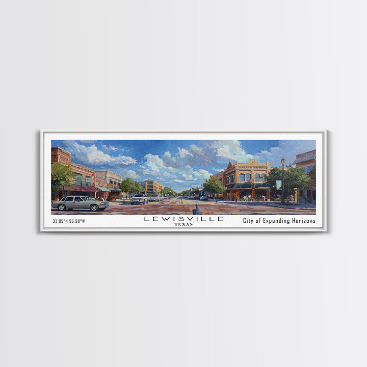 Lewisville Texas Panoramic Cityscape Painting, Framed Canvas Print, Urban Decor, Office Wall Art, Watercolor Travel Poster, Home Decoration