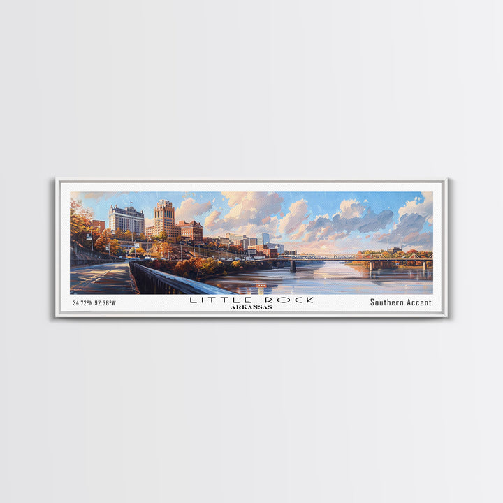 Little Rock Arkansas Panoramic Watercolor Cityscape, Framed Canvas Print for Living Room, Office Wall Art, Urban Decor, Travel Poster