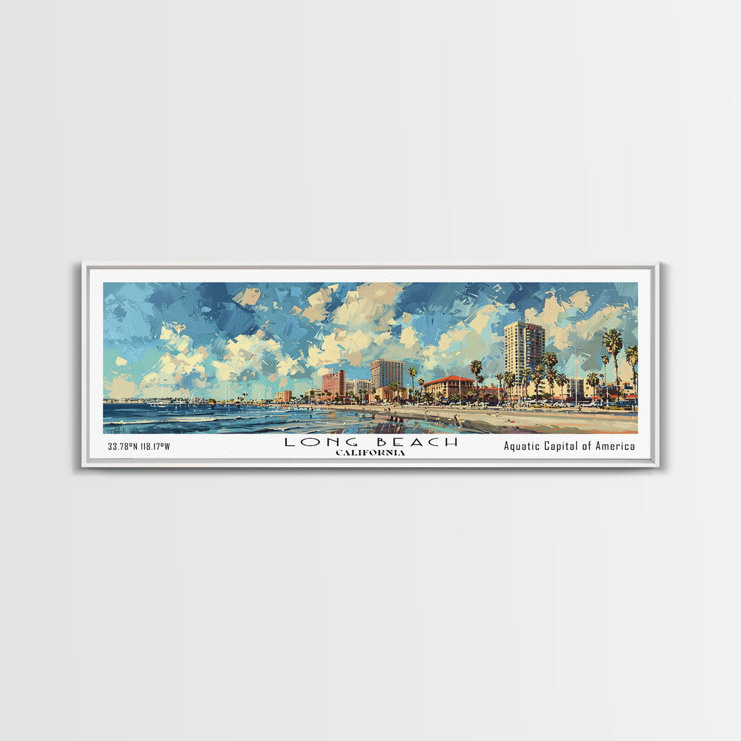 Long Beach California Panoramic Cityscape Painting, Framed Canvas Print, Urban Decor, Office Wall Art, Watercolor Travel Poster, Home Decoration