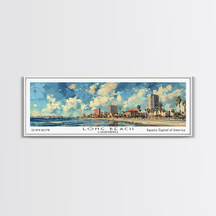 Long Beach California Panoramic Cityscape Painting, Framed Canvas Print, Urban Decor, Office Wall Art, Watercolor Travel Poster, Home Decoration