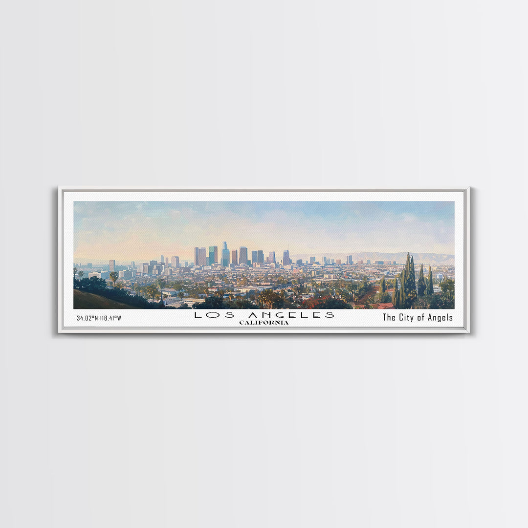 Los Angeles California Panoramic Cityscape Wall Art, Watercolor Framed Canvas Print, Urban Painting for Living Room, Office Decor, Travel Poster