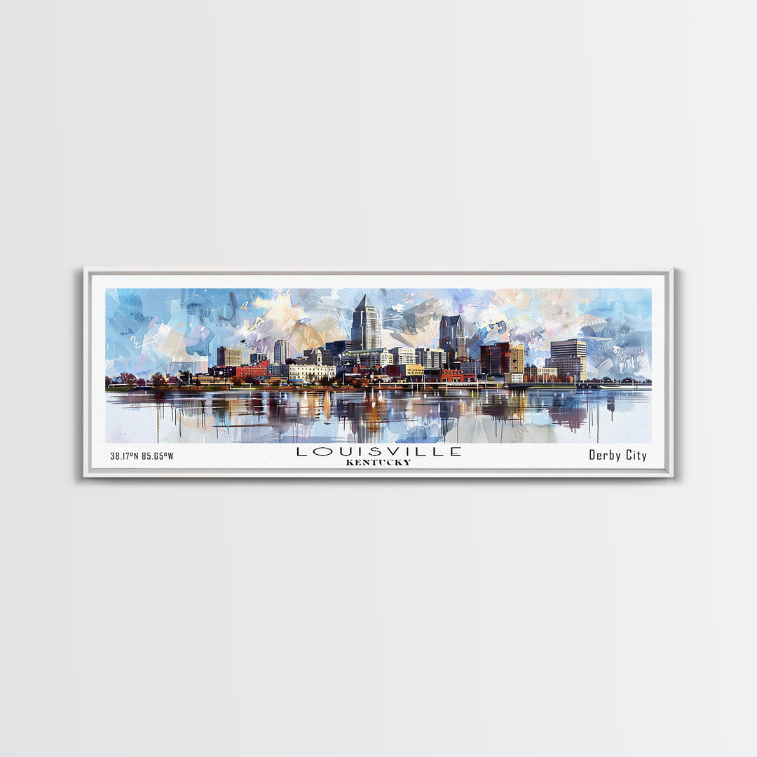 Louisville Kentucky Panoramic Cityscape Wall Art, Watercolor Framed Canvas Print, Urban Painting for Living Room, Office Decor, Travel Poster