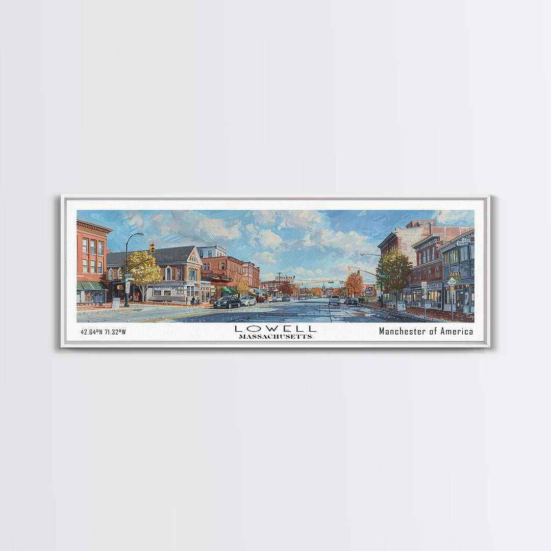 Lowell Massachusetts Panoramic Watercolor Cityscape, Framed Canvas Print for Living Room, Office Wall Art, Urban Decor, Travel Poster