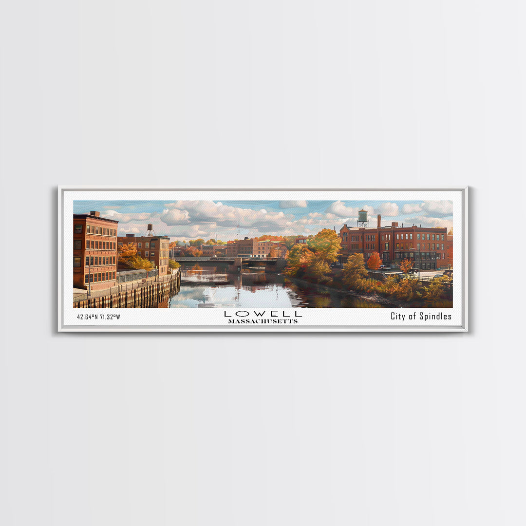 Lowell Massachusetts Panoramic Cityscape Wall Art, Watercolor Framed Canvas Print, Urban Painting for Living Room, Office Decor, Travel Poster