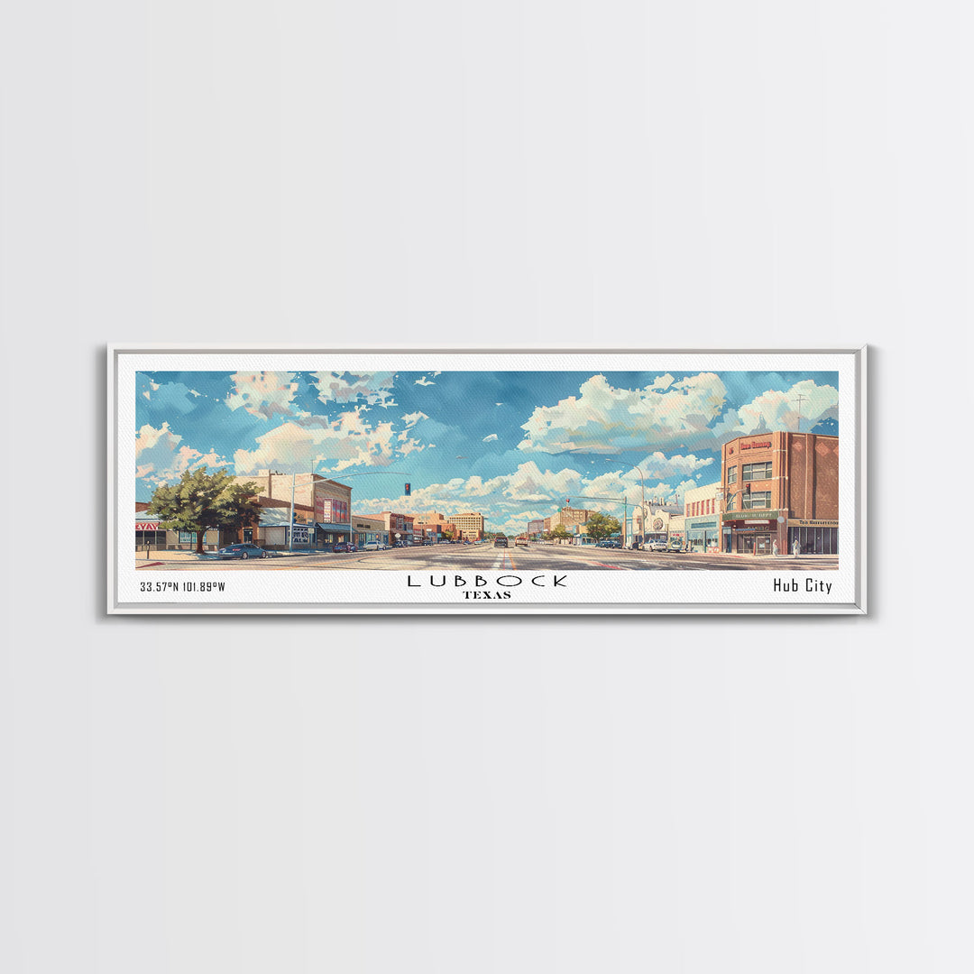 Lubbock Texas Panoramic Cityscape Wall Art, Watercolor Framed Canvas Print, Urban Painting for Living Room, Office Decor, Travel Poster
