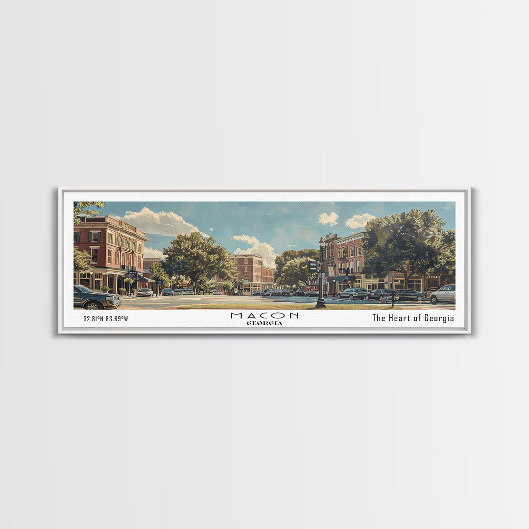 Macon Georgia Panoramic Watercolor Cityscape, Framed Canvas Print for Living Room, Office Wall Art, Urban Decor, Travel Poster