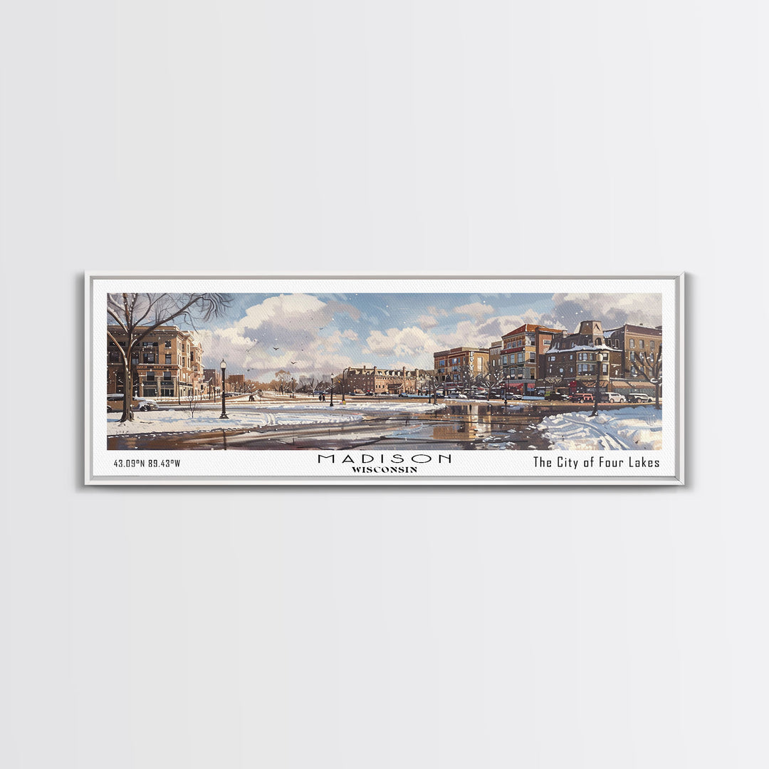 Madison Wisconsin Panoramic Watercolor Cityscape, Framed Canvas Print for Living Room, Office Wall Art, Urban Decor, Travel Poster