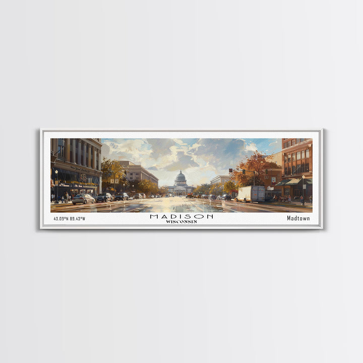 Madison Wisconsin Panoramic Framed Canvas Print, Stunning Watercolor Painting, City Wall Art, Office Decor, Living Room Art, Travel Poster