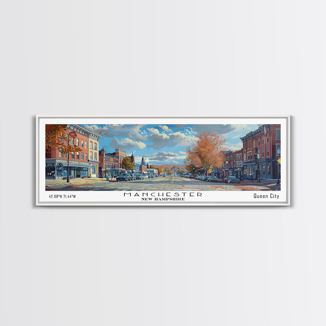 Manchester New Hampshire Panoramic Framed Canvas Print, Beautiful Watercolor Painting, City Wall Art, Office Decor, Living Room Art