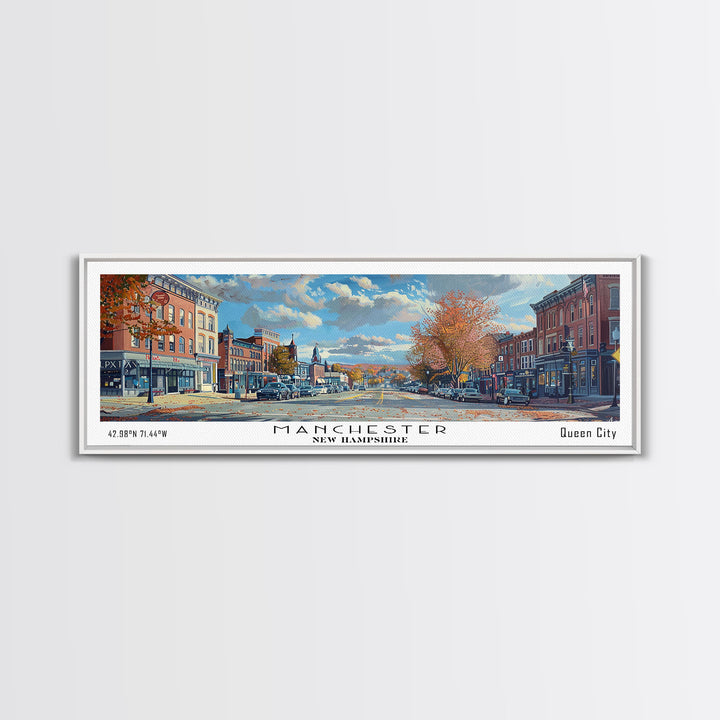 Manchester New Hampshire Panoramic Framed Canvas Print, Beautiful Watercolor Painting, City Wall Art, Office Decor, Living Room Art